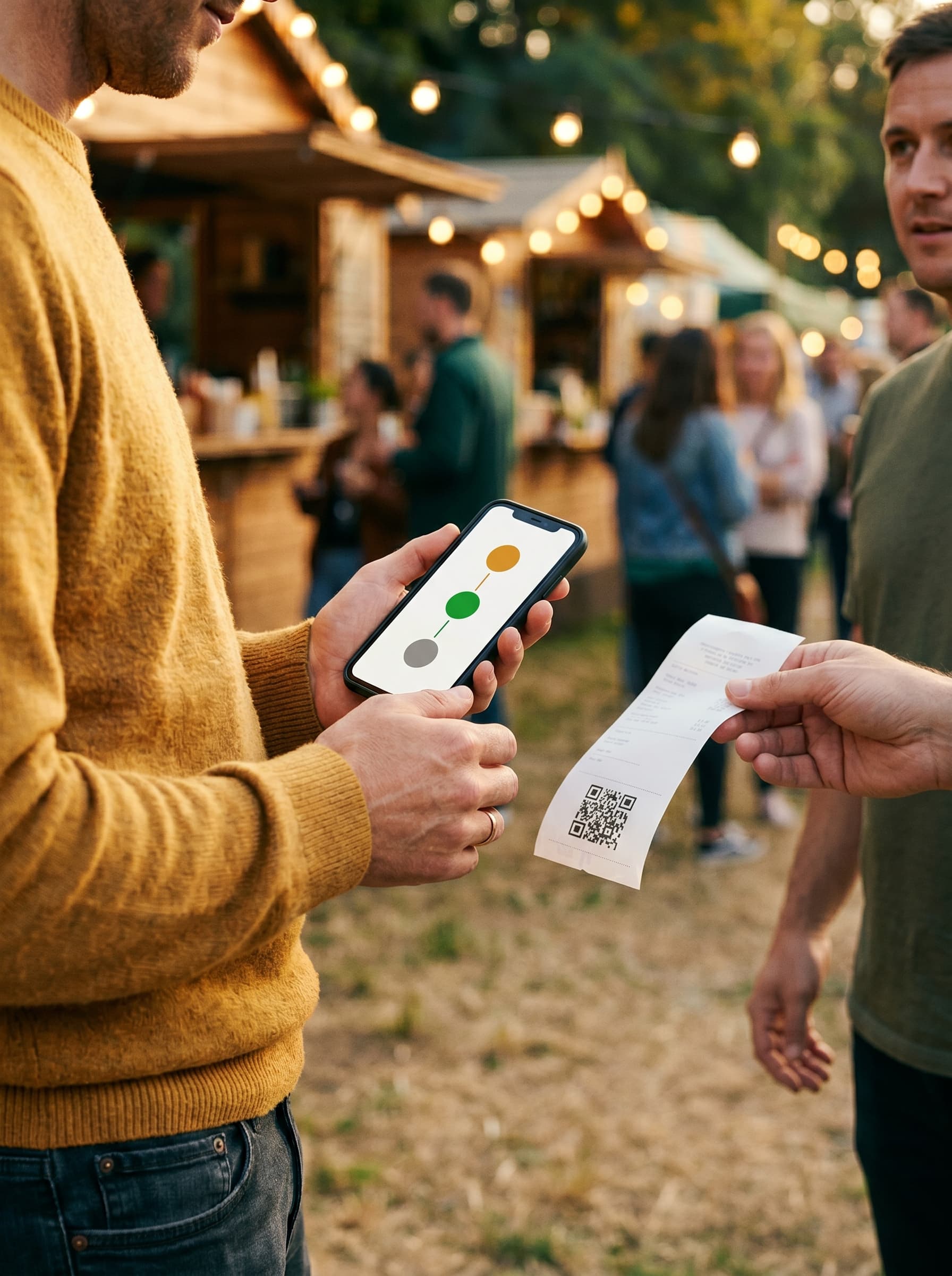 Gast hält Smartphone mit Bestellstatus-Ansicht, im Hintergrund goldene Festivalatmosphäre