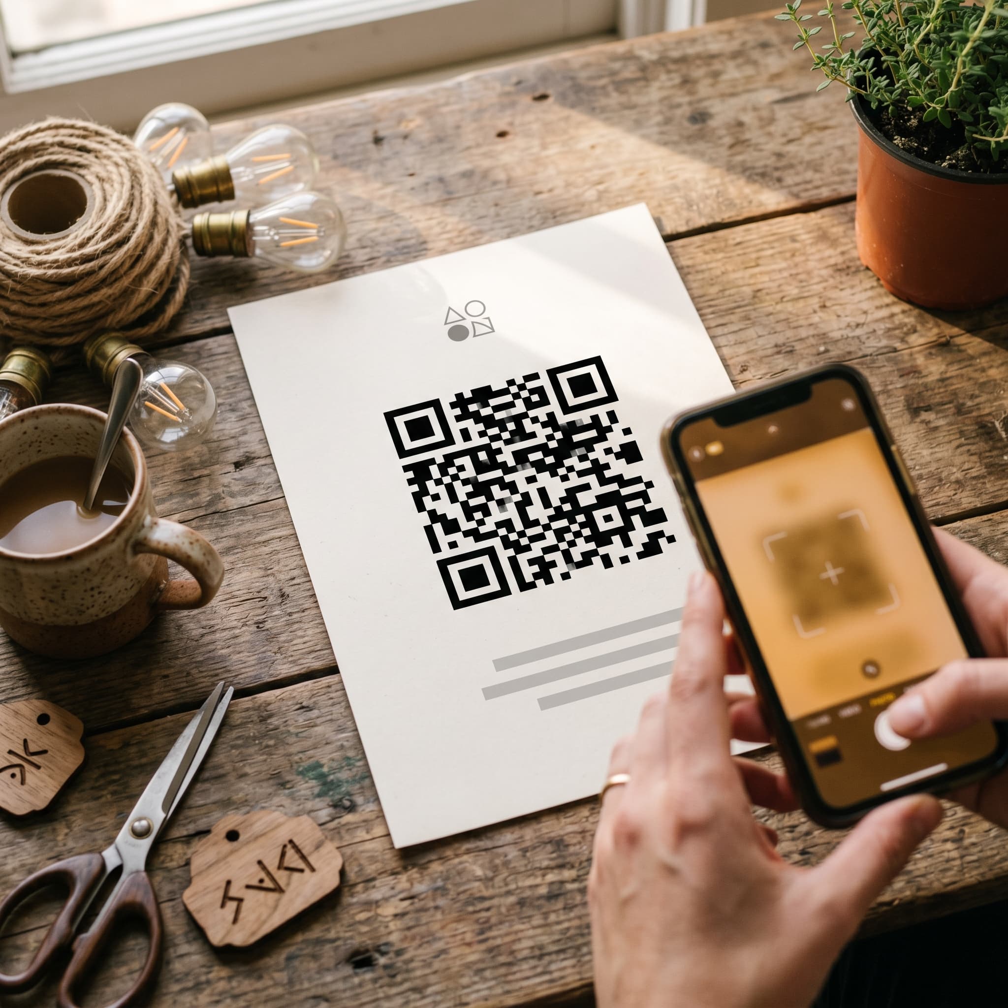 Hand scannt QR-Code auf A4-Papier mit Smartphone, Festival-Setup im Hintergrund