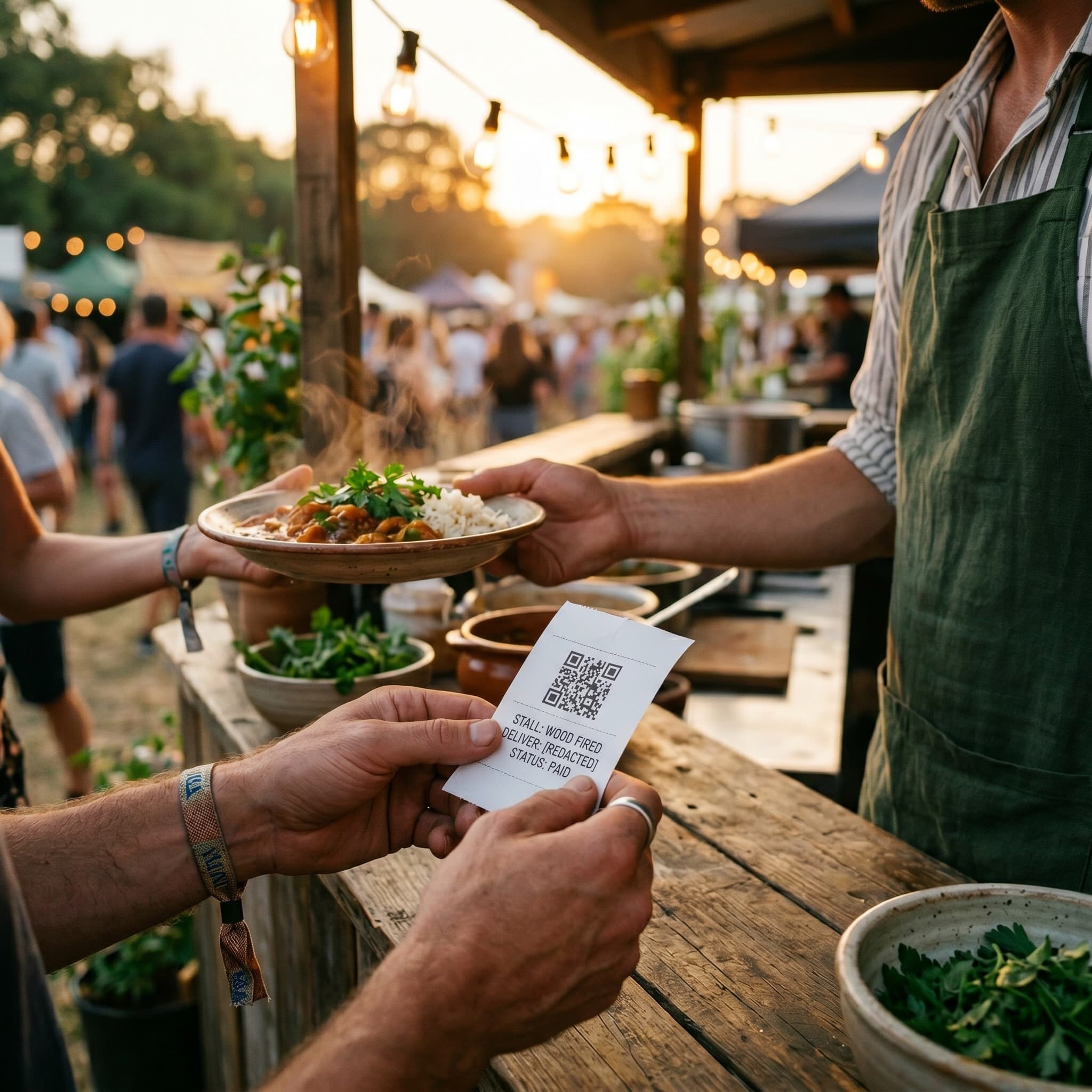 Gast hält Bon mit QR-Code am Stand, im Hintergrund übergibt Helfer Essen bei Abendsonne